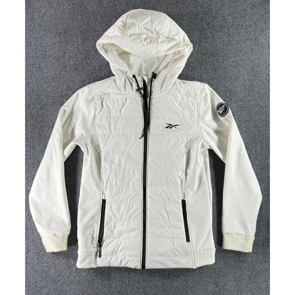 Reebok Womens Hybrid Puffer Softshell Full Zip Hooded Jacket White Medium